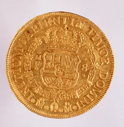 Goldmünze (8 Ecu) aus Spanien: Herrschaft von Philipp V. (1700-1746). 1739 Durchmesser 3,6 cm Neapel, Archäologisches Museum