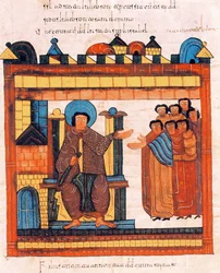 König David, auf seinem Thron sitzend und von seinem Hofstaat umgeben, aus der westgotisch-mozarabischen Bibel des heiligen Isidor, fol. 126r, 960 n. Chr.