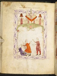 Moses tadelt zwei streitende Israeliten, Moses in Ägypten, aus Hispano-Moresque Haggadah, MS Or 2737, f.66r, f.1275-1324