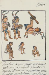 Ms Palat. 218-220 Buch IX Aztekische Entertainer, Musiker, Jongleure und Bucklige, aus dem Florentiner Kodex von Bernardino de Sahagun, ca. 1540-85