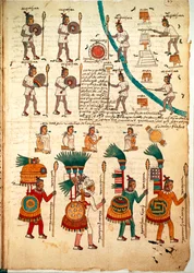 Seite aus dem Codex Mendoza mit aztekischen Kriegern, die mit Speeren und Schilden bewaffnet sind, ca. 1541-42