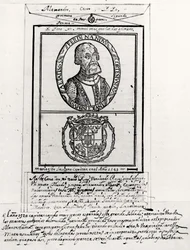 Porträt von Hernando Cortes (1485-1547) und seine Waffen