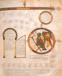 Die Verkündigung an Maria und die Genealogie Jesu, aus der Westgotisch-Mozarabischen Bibel von St. Isidores, fol.10r., 960 n. Chr. (Tempera auf Pergament)