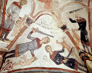 Der Monatszyklus: der Kindermord. Detail eines Freskos aus dem 12. Jahrhundert im Königlichen Pantheon der Real Colegiata de San Isidoro (Königliche Stiftskirche des heiligen Isidor). León. Spanien