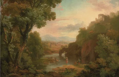 Eine klassische Landschaft mit Fischern und einer Wäscherin, einer Villa auf einem Hügel und Bergen dahinter