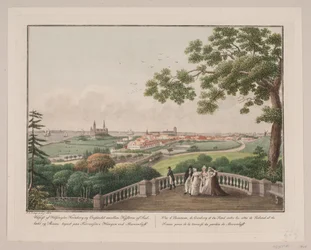 Aussicht auf Helsingør, Kronborg und den Öresund zwischen den Küsten von Seeland und Schonen. Gezeichnet auf der Terrasse im Hain bei Marienlyst