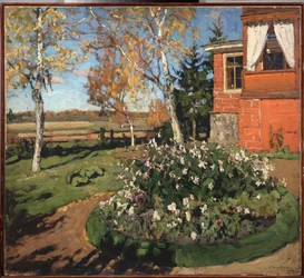 Ein Blumenbeet (Vor einem Haus und einer Landschaft auf dem Land)