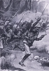 Briten stürmen die Ashantis bei Amoaful, 31. Januar 1874, Illustration aus British Battles on Land and Sea, 1915