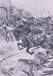 Die 16. Lanzenreiter und Skinners Reiter treiben die Jats nach Bharatpur; Dezember 1825, Illustration aus British Battles on Land and Sea, 1915