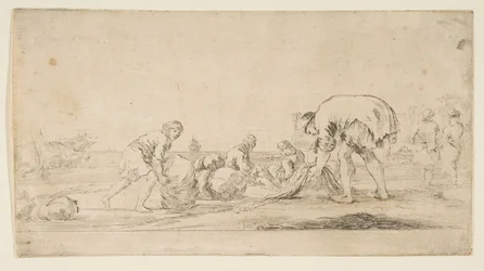 Ein Fischer bringt seine Netze ein, ein Mann links schiebt einen Ballen nach rechts, zwei sitzende... (ca. 1662)