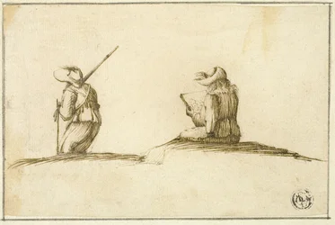 Künstler beim Skizzieren und Soldat, beide von hinten gesehen