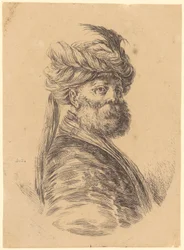 Bärtiger Mann mit Turban im Dreiviertelprofil nach rechts