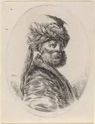 Bärtiger Mohr mit gefiedertem Turban und Schleier, nach rechts gewandt