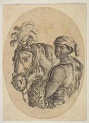 Schwarzer Sklave trägt ein Leopardenfell und hält den Zügel eines Pferdes, aus „Mehrere Köpfe...“, 1649-50