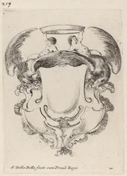 Kartusche mit Adlern und zwei Säuglingen, die eine Krone halten, 1647