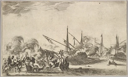 Kampf zwischen mehreren Ruderbooten und Schiffen, zwei Gruppen von Männern in Ruderbooten kämpfen links, 1639