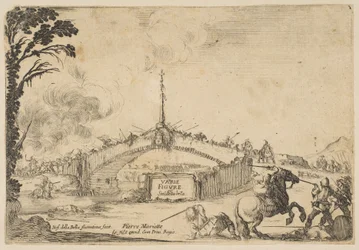Kampf auf einer Brücke, ein Reiter und zwei Fußsoldaten kämpfen mit Schwertern unten rechts, ca. 1645