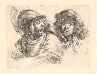 Erschrockener Soldat und Mann mit Pelzmütze