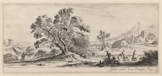 Landschaft mit Fischer, der sein Netz trägt