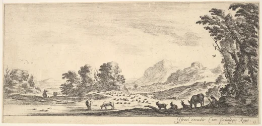 Tafel 11: Schäferin sitzt rechts unter einem Baum und beobachtet ihre Herde links, ca. 1641