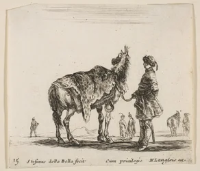 Tafel 15: ein polnischer Edelmann, von hinten gesehen, hält sein Pferd, das in Leopardenfell gehüllt ist, ca. 1644-47