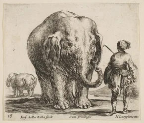 Blatt 16: Ein Elefant in der Mitte, sein Mahout steht rechts und trägt eine orientalische Kopfbedeckung, ca. 1644-47