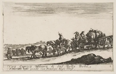 Tafel 1: Ein Pferdewagen, der Menschen und Güter transportiert, totes Pferd im Vordergrund, ca. 1641