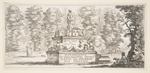 Tafel 1: ein Denkmal mit Statuen und einem Wappen in der Mitte, ein Zeichner auf dem..., ca. 1643