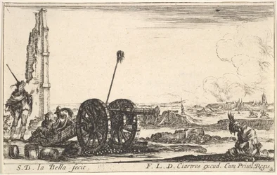 Tafel 2: Eine Kanone links, eine Stadt im Hintergrund, aus Verschiedene militärische Capric..., ca. 1641