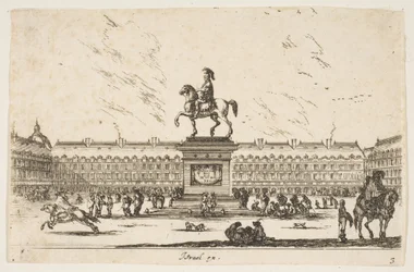 Platte 3: La Place Royale, Reiterstatue von Ludwig XIII. im Profil nach links im Zentrum..., 1642