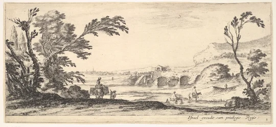 Tafel 3: zwei Reiter überqueren einen Fluss nach rechts, eine Frau mit zwei Körben auf einem Esel, ca. 1641