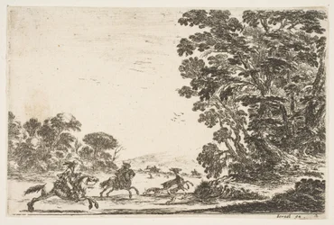 Tafel 4: Eine Hirschjagd, zwei Reiter galoppieren nach links hinter drei Hunden und einem Hirsch, 1642