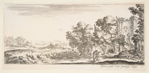Tafel 4: zwei Pilger beobachten Ruinen rechts, einer zeigt nach rechts, ein Hirte..., ca. 1641