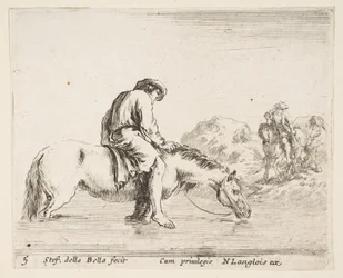 Tafel 5: ein barfüßiger Bauer zu Pferd überquert einen Fluss, ein anderer Bauer zu Pferd..., ca. 1644-47