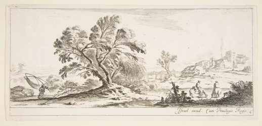 Tafel 6: ein Fischer trägt ein Netz nach links, zwei Reiter in einem Bach rechts, ein Baum
