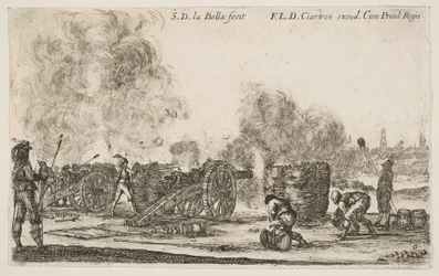 Tafel 6: Batterie von Kanonen, die auf eine Stadt feuern, aus Verschiedene Militärische Kaprizen, ca. 1641