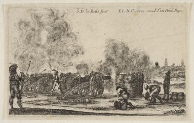 Tafel 6: Batterie von Kanonen, die auf eine Stadt feuern, aus Verschiedene militärische Capricci Varii, ca. 1641