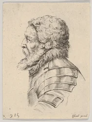 Tafel 7: Büste eines bärtigen Soldaten in Rüstung, nach links im Profil, aus Verschiedene Köpfe, 1650