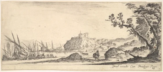 Tafel 7: verschiedene Boote am Ufer links, ein Mann trägt eine Tasche, von hinten gesehen, ca. 1641