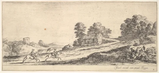 Tafel 9: zwei Reiter links galoppieren den Hügel hinauf nach rechts, ein Pferd und ein sitzender Mann, ca. 1641