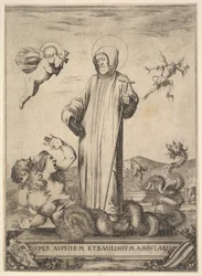 Heiliger Jean Gualbert, der ein Monster mit zwei menschlichen Köpfen und einem schlangenartigen Körper zertritt, ein fliegendes Wesen, 1640