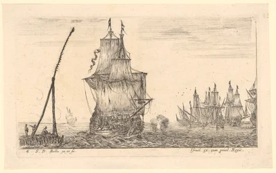 Seestück mit großem Schiff und Leuchtfeuer im Vordergrund