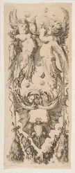 Zwei geflügelte Kinder, deren Körper sich in Ornament verwandeln und Seifenblasen blasen, ca. 1653
