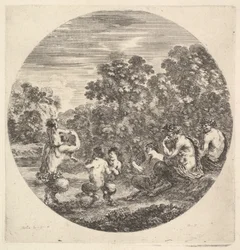 Zwei Satyrn und ein Faun sitzen rechts und beobachten zwei Kindersatyrn und einen weiteren Satyr, ca. 1643-48