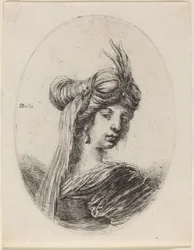 Frau mit gefiedertem Turban und Schleier, nach rechts gewandt