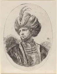 Junger Mohr mit leichtem Bart und gefiedertem Turban, nach links gewandt
