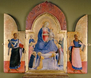 Jungfrau und Kind mit Engeln und Dominikanischem Heiligen, St. Peter links, St. Paul rechts, 15. Jahrhundert