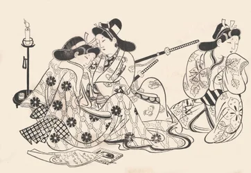 Samurai und Kurtisane sitzen, ein Diener neben ihnen