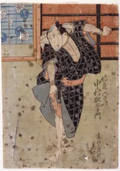 Nakamura Utaemon III als ihr Ehemann Jizo no Goheiji, aus dem Stück Hanafubuki Utanonadokoro