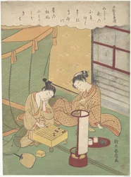 Eine junge Frau und ein Mann beim Shōgi-Spiel (japanisches Schach); Chūnagon Kanesuke, aus einer Serie mit Anspielungen auf die Sechsunddreißig Unsterblichen der Dichtkunst (Sanjūrokkasen)